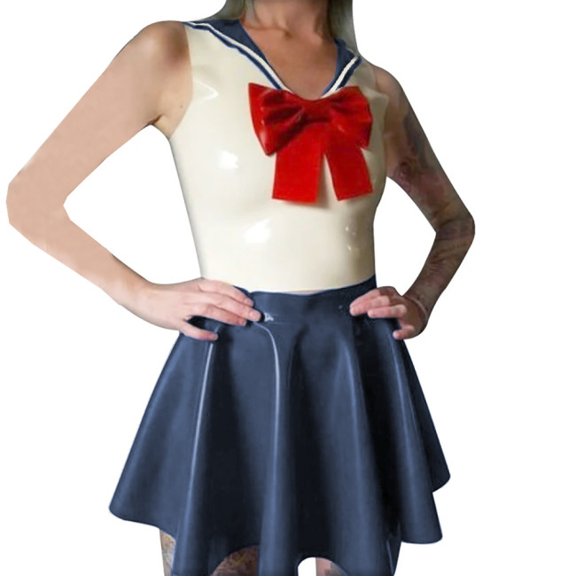Shiny PVC Leather Sailor Collar Bowknot Bodycon Sleeveless Vest Top with Sexy Pleated A-line Dress Student Cosplay Sailor Suits