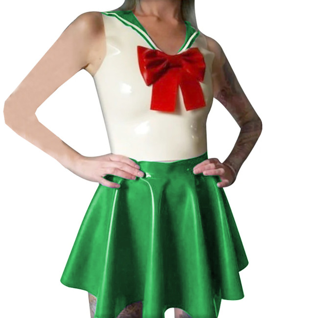 Shiny PVC Leather Sailor Collar Bowknot Bodycon Sleeveless Vest Top with Sexy Pleated A-line Dress Student Cosplay Sailor Suits