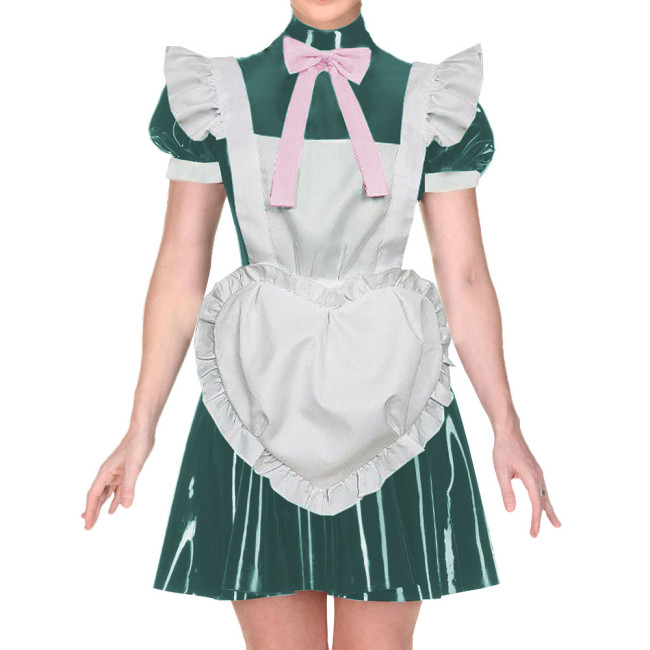 Wetlook PVC Leather French Puff Short Sleeve High Neck Bow Ribbon Pleated Dress Maid Outfits with Heart Apron Cosplay Party Wear