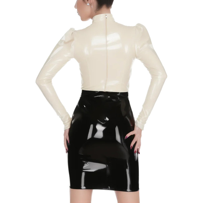 Vintage Back Zipper Long Sleeve Shirt Mock Collar Ruffle Top Glossy PVC Leather Slim Office Lady Casual Daily Commuting Clothes