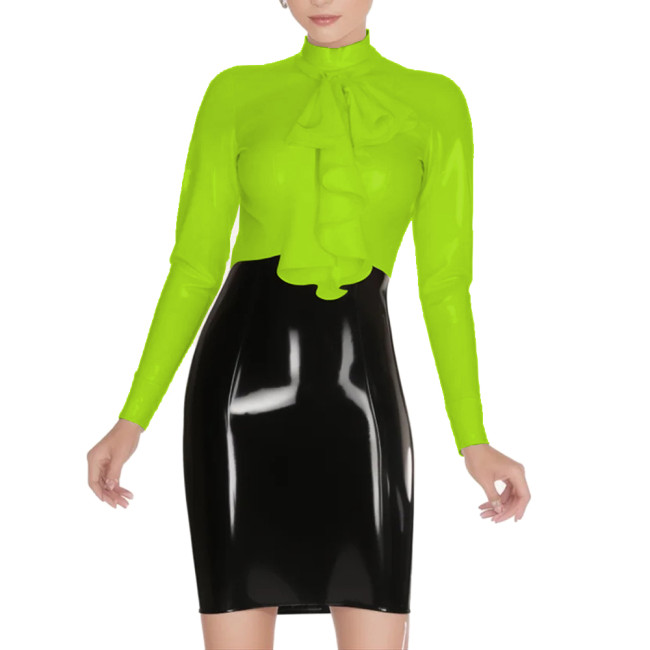 Vintage Back Zipper Long Sleeve Shirt Mock Collar Ruffle Top Glossy PVC Leather Slim Office Lady Casual Daily Commuting Clothes