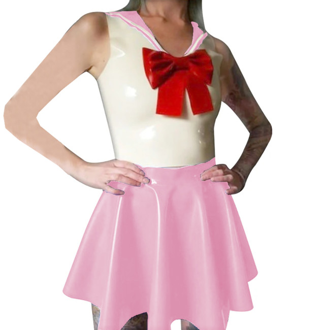 Shiny PVC Leather Sailor Collar Bowknot Bodycon Sleeveless Vest Top with Sexy Pleated A-line Dress Student Cosplay Sailor Suits