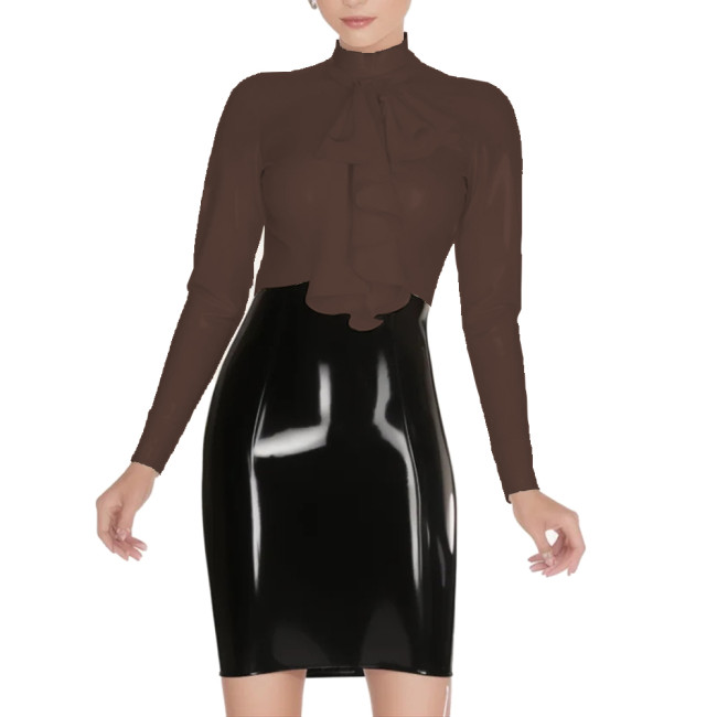 Vintage Back Zipper Long Sleeve Shirt Mock Collar Ruffle Top Glossy PVC Leather Slim Office Lady Casual Daily Commuting Clothes