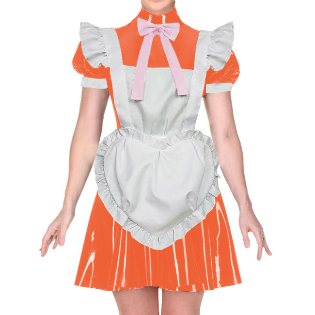 Wetlook PVC Leather French Puff Short Sleeve High Neck Bow Ribbon Pleated Dress Maid Outfits with Heart Apron Cosplay Party Wear