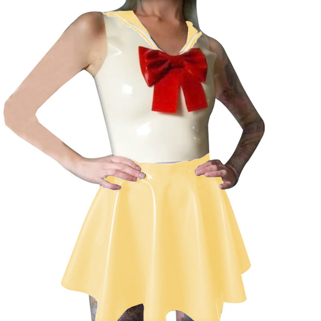 Shiny PVC Leather Sailor Collar Bowknot Bodycon Sleeveless Vest Top with Sexy Pleated A-line Dress Student Cosplay Sailor Suits