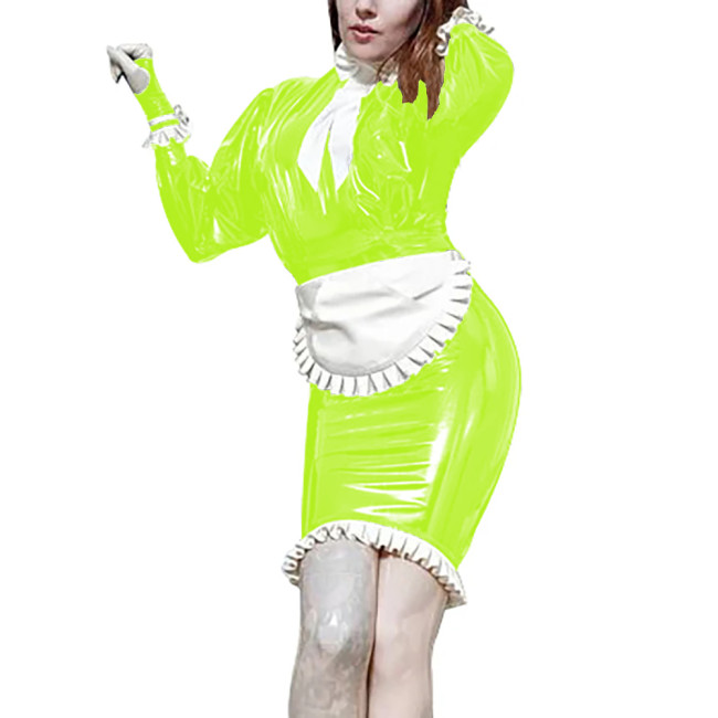 Lolita Maid Uniforms with Apron Long Sleeve Turtleneck Bowkot Pleated Trim Skinny Pencil Dress Vintage Waitress Cosplay Sets