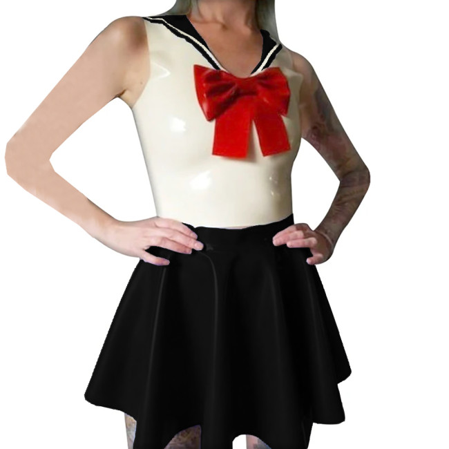 Shiny PVC Leather Sailor Collar Bowknot Bodycon Sleeveless Vest Top with Sexy Pleated A-line Dress Student Cosplay Sailor Suits