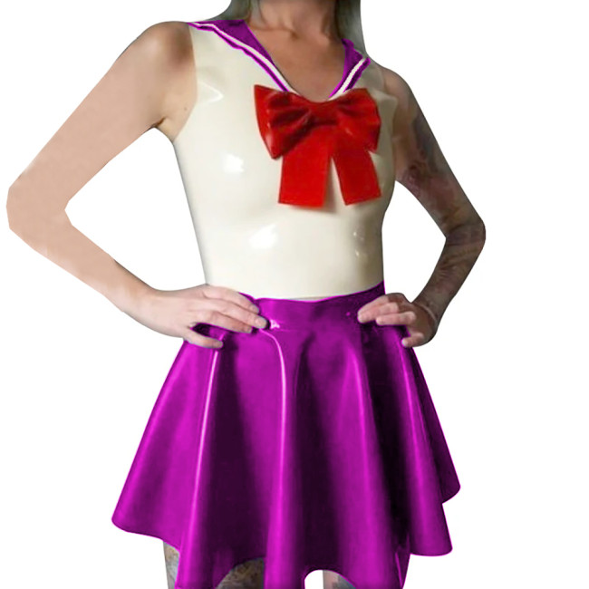 Shiny PVC Leather Sailor Collar Bowknot Bodycon Sleeveless Vest Top with Sexy Pleated A-line Dress Student Cosplay Sailor Suits