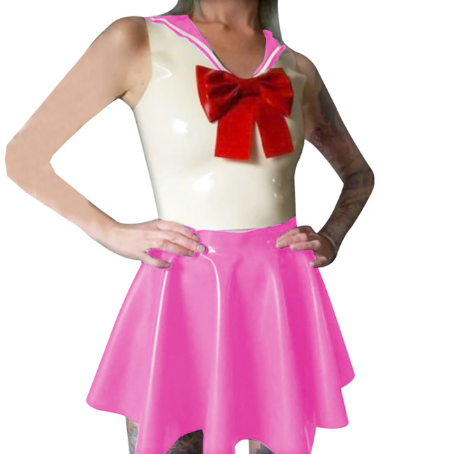Shiny PVC Leather Sailor Collar Bowknot Bodycon Sleeveless Vest Top with Sexy Pleated A-line Dress Student Cosplay Sailor Suits