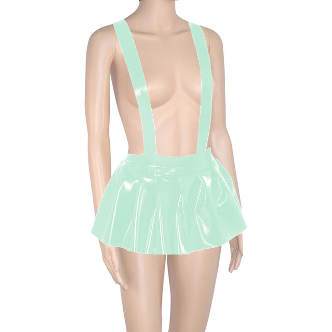 Plus Size Spaghetti Strap Skirt Hight Waisted A-line Pleated Mini Skirts Glossy PVC Leather Sweet Bachelorette Party Clothing