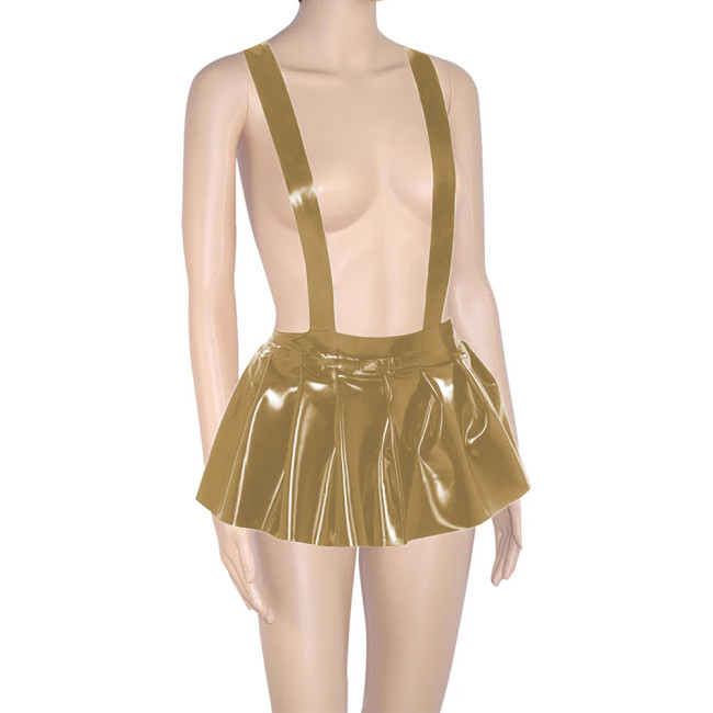 Plus Size Spaghetti Strap Skirt Hight Waisted A-line Pleated Mini Skirts Glossy PVC Leather Sweet Bachelorette Party Clothing