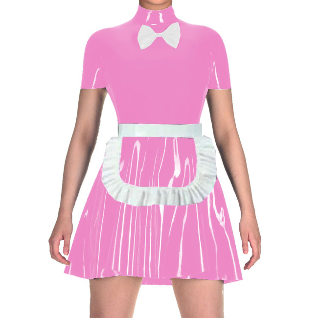 Women Short Sleeve Mock Collar A-line Tight Mini Dress Maid Cosplay Uniforms with Apron Wetlook PVC Leather Anime Role-play Wear