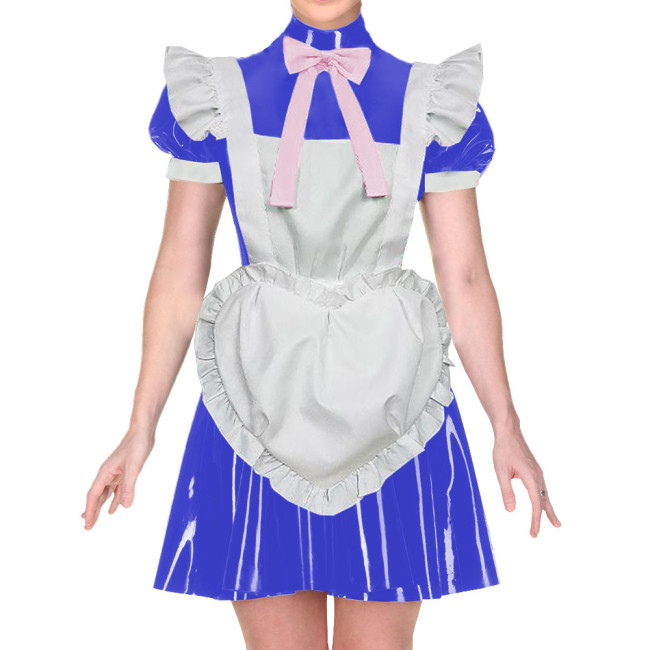 Wetlook PVC Leather French Puff Short Sleeve High Neck Bow Ribbon Pleated Dress Maid Outfits with Heart Apron Cosplay Party Wear