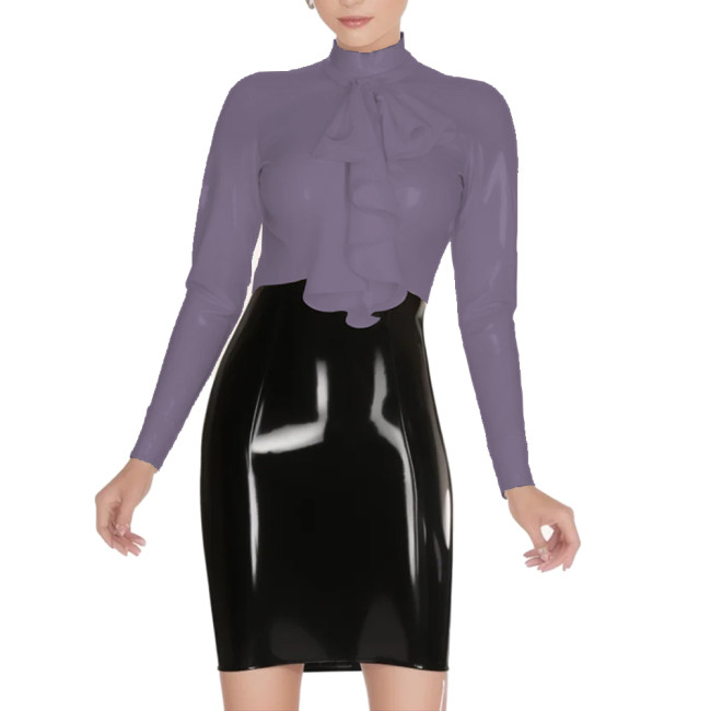 Vintage Back Zipper Long Sleeve Shirt Mock Collar Ruffle Top Glossy PVC Leather Slim Office Lady Casual Daily Commuting Clothes
