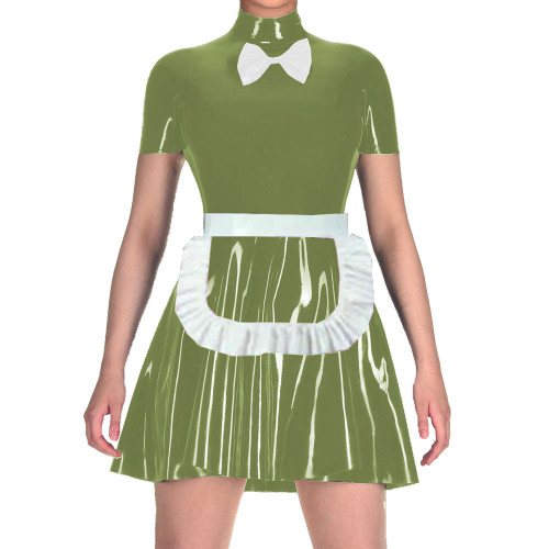 Women Short Sleeve Mock Collar A-line Tight Mini Dress Maid Cosplay Uniforms with Apron Wetlook PVC Leather Anime Role-play Wear