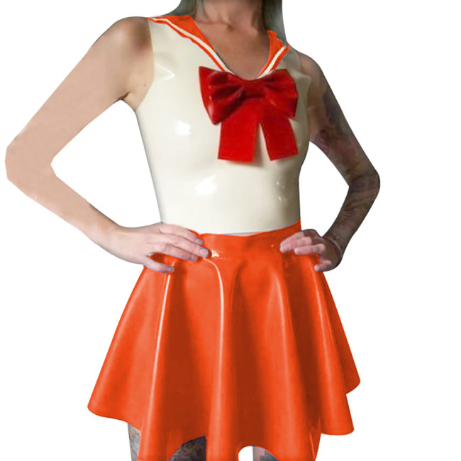 Shiny PVC Leather Sailor Collar Bowknot Bodycon Sleeveless Vest Top with Sexy Pleated A-line Dress Student Cosplay Sailor Suits