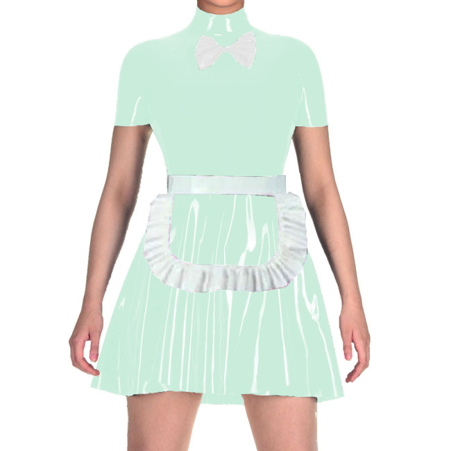 Women Short Sleeve Mock Collar A-line Tight Mini Dress Maid Cosplay Uniforms with Apron Wetlook PVC Leather Anime Role-play Wear