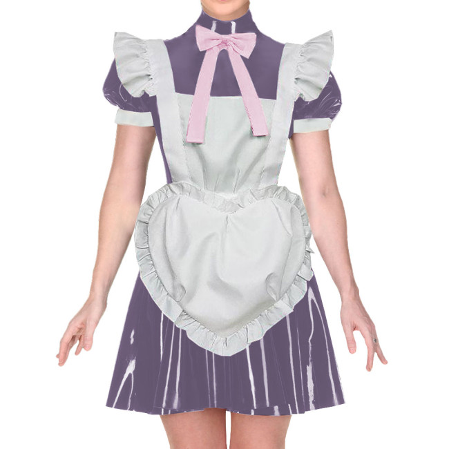Wetlook PVC Leather French Puff Short Sleeve High Neck Bow Ribbon Pleated Dress Maid Outfits with Heart Apron Cosplay Party Wear