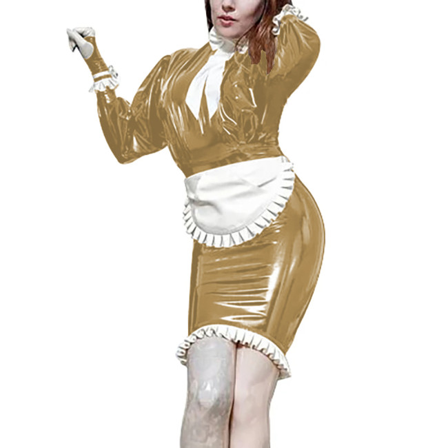 Lolita Maid Uniforms with Apron Long Sleeve Turtleneck Bowkot Pleated Trim Skinny Pencil Dress Vintage Waitress Cosplay Sets