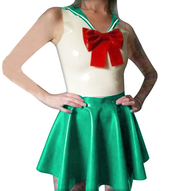 Shiny PVC Leather Sailor Collar Bowknot Bodycon Sleeveless Vest Top with Sexy Pleated A-line Dress Student Cosplay Sailor Suits