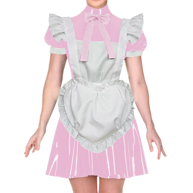 Wetlook PVC Leather French Puff Short Sleeve High Neck Bow Ribbon Pleated Dress Maid Outfits with Heart Apron Cosplay Party Wear