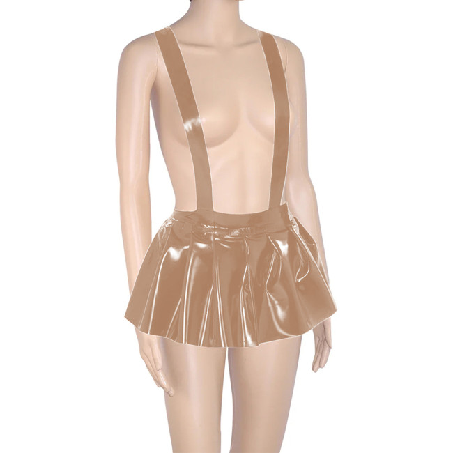 Plus Size Spaghetti Strap Skirt Hight Waisted A-line Pleated Mini Skirts Glossy PVC Leather Sweet Bachelorette Party Clothing