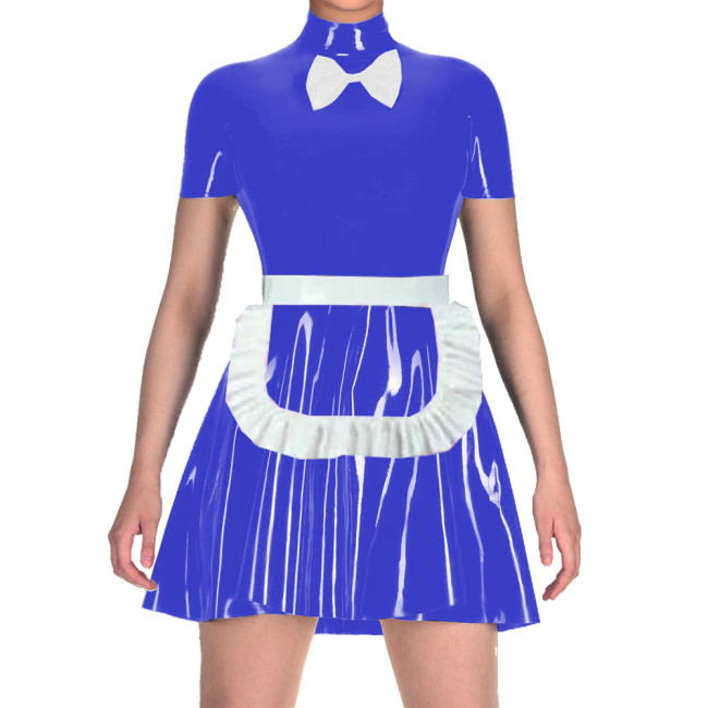 Women Short Sleeve Mock Collar A-line Tight Mini Dress Maid Cosplay Uniforms with Apron Wetlook PVC Leather Anime Role-play Wear