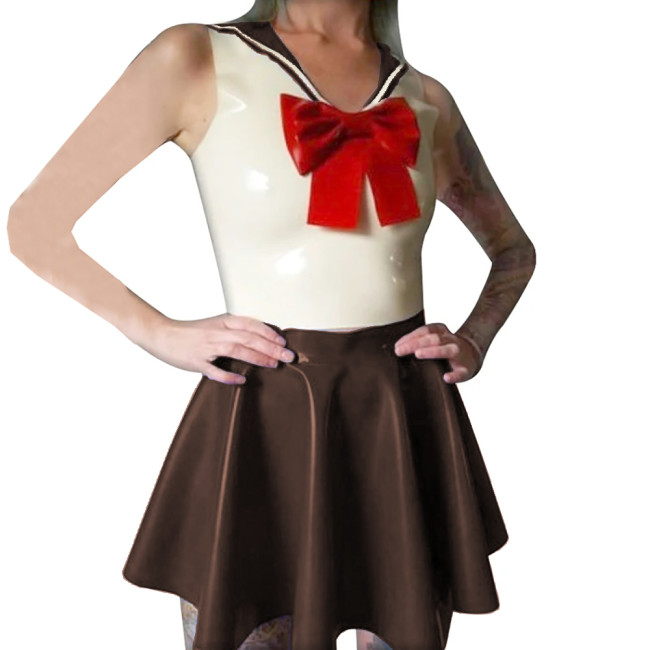 Shiny PVC Leather Sailor Collar Bowknot Bodycon Sleeveless Vest Top with Sexy Pleated A-line Dress Student Cosplay Sailor Suits