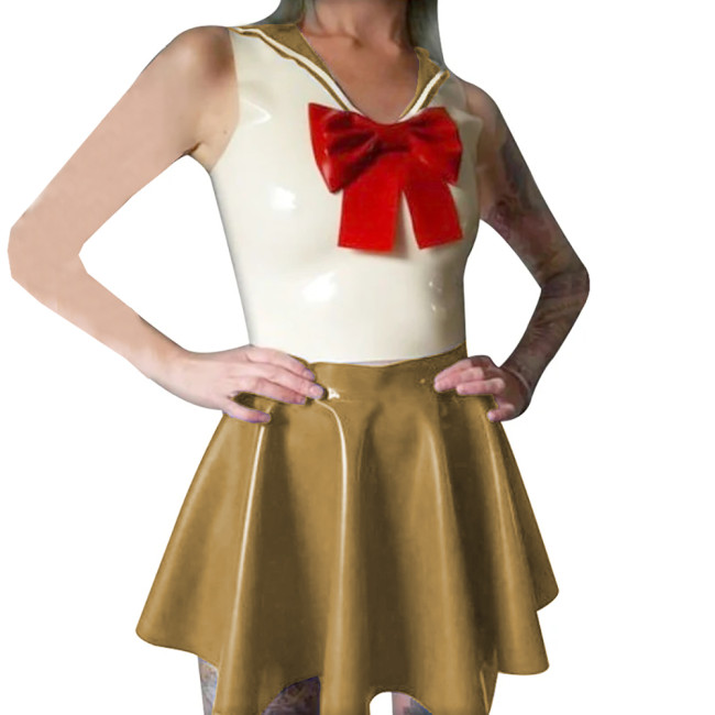 Shiny PVC Leather Sailor Collar Bowknot Bodycon Sleeveless Vest Top with Sexy Pleated A-line Dress Student Cosplay Sailor Suits
