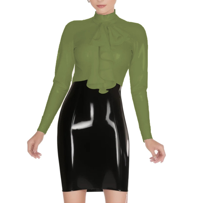 Vintage Back Zipper Long Sleeve Shirt Mock Collar Ruffle Top Glossy PVC Leather Slim Office Lady Casual Daily Commuting Clothes