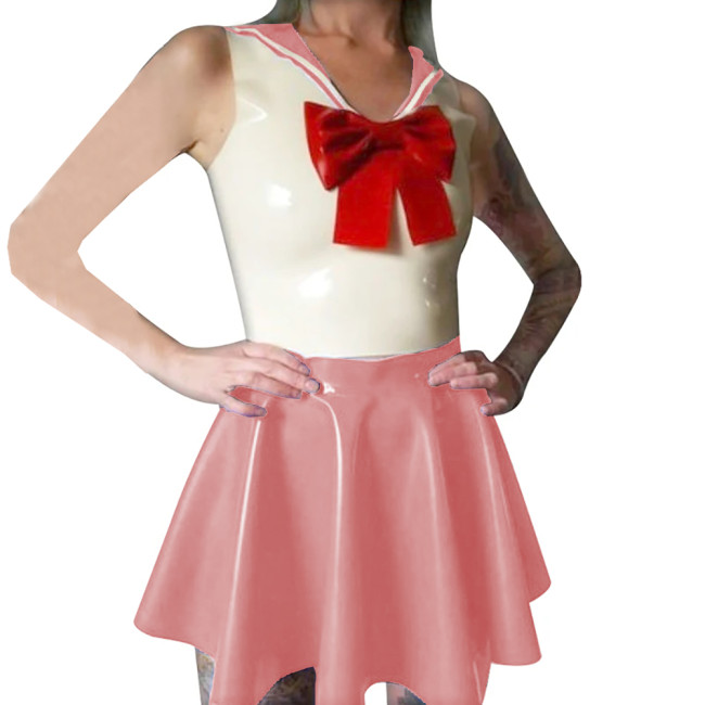 Shiny PVC Leather Sailor Collar Bowknot Bodycon Sleeveless Vest Top with Sexy Pleated A-line Dress Student Cosplay Sailor Suits