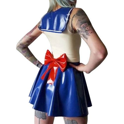 Shiny PVC Leather Sailor Collar Bowknot Bodycon Sleeveless Vest Top with Sexy Pleated A-line Dress Student Cosplay Sailor Suits