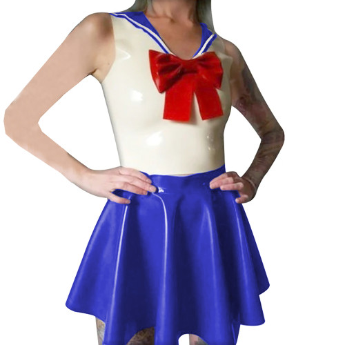 Shiny PVC Leather Sailor Collar Bowknot Bodycon Sleeveless Vest Top with Sexy Pleated A-line Dress Student Cosplay Sailor Suits