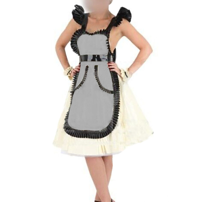 Female Wet PVC Leather Apron with Ruffles Sexy Sissy Sleeveless Backless Exotic Apron Dress Halloween Party Maid Cosplay Costume
