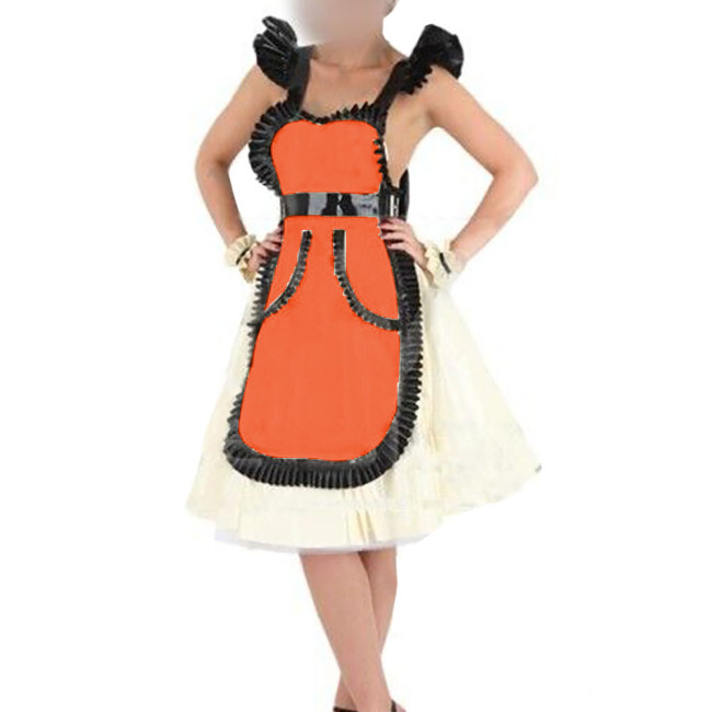 Female Wet PVC Leather Apron with Ruffles Sexy Sissy Sleeveless Backless Exotic Apron Dress Halloween Party Maid Cosplay Costume