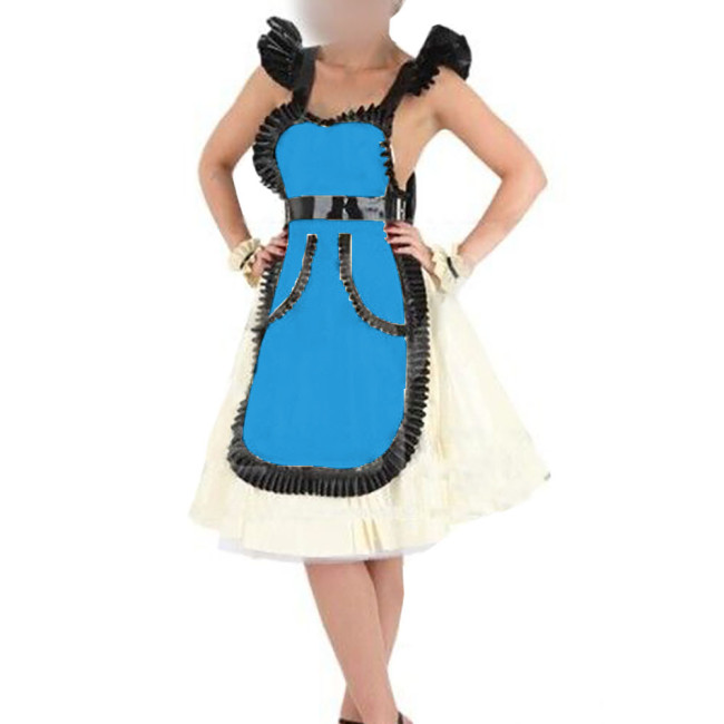 Female Wet PVC Leather Apron with Ruffles Sexy Sissy Sleeveless Backless Exotic Apron Dress Halloween Party Maid Cosplay Costume
