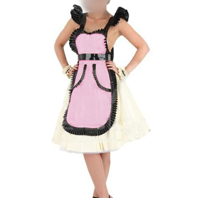 Female Wet PVC Leather Apron with Ruffles Sexy Sissy Sleeveless Backless Exotic Apron Dress Halloween Party Maid Cosplay Costume