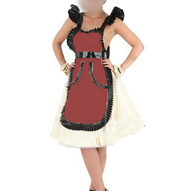 Female Wet PVC Leather Apron with Ruffles Sexy Sissy Sleeveless Backless Exotic Apron Dress Halloween Party Maid Cosplay Costume