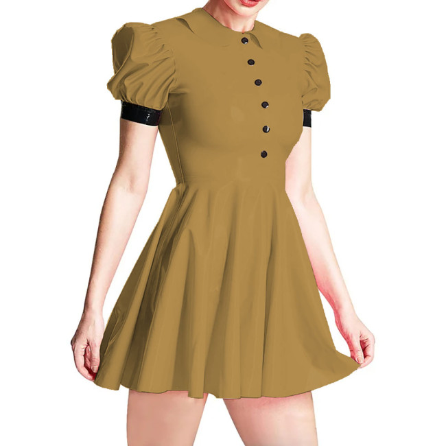 Summer Peter Pan Collar PVC Shiny Women's Dress Fashion Slim High Waist Short Sleeve A-line Dresses Ladies Casual Mini Dress 7XL