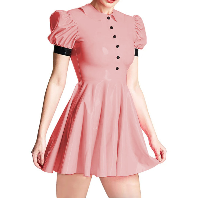 Summer Peter Pan Collar PVC Shiny Women's Dress Fashion Slim High Waist Short Sleeve A-line Dresses Ladies Casual Mini Dress 7XL