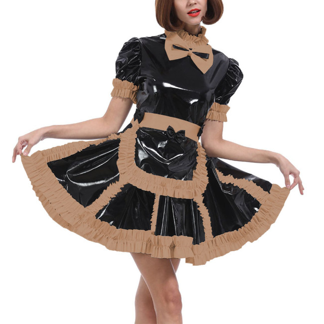 Lockable Sissy Wet PVC A-line Maid Dress with Apron Long Sleeved Ruffled Maid French Uniform Halloween Party Cosplay Costume 7XL