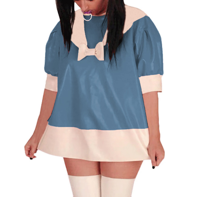 Puff Short Sleeve PVC Glossy Leather Mini Dress Sissy Sailor A-Line Short Dress Sweet Party Cosplay Dresses Crossdress Unifrom