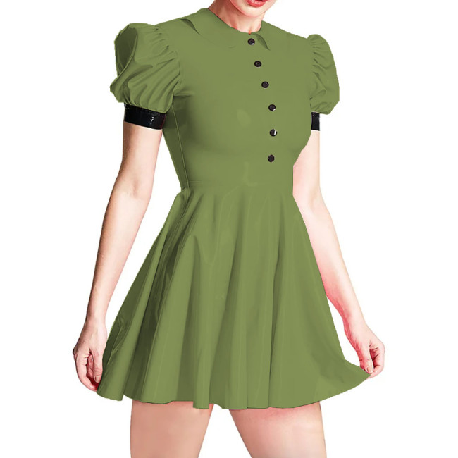 Summer Peter Pan Collar PVC Shiny Women's Dress Fashion Slim High Waist Short Sleeve A-line Dresses Ladies Casual Mini Dress 7XL