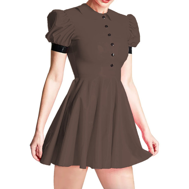 Summer Peter Pan Collar PVC Shiny Women's Dress Fashion Slim High Waist Short Sleeve A-line Dresses Ladies Casual Mini Dress 7XL