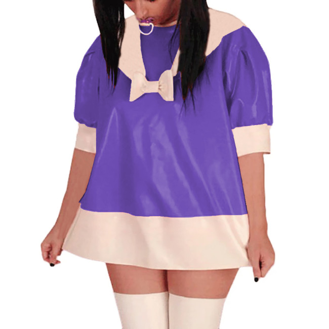 Puff Short Sleeve PVC Glossy Leather Mini Dress Sissy Sailor A-Line Short Dress Sweet Party Cosplay Dresses Crossdress Unifrom