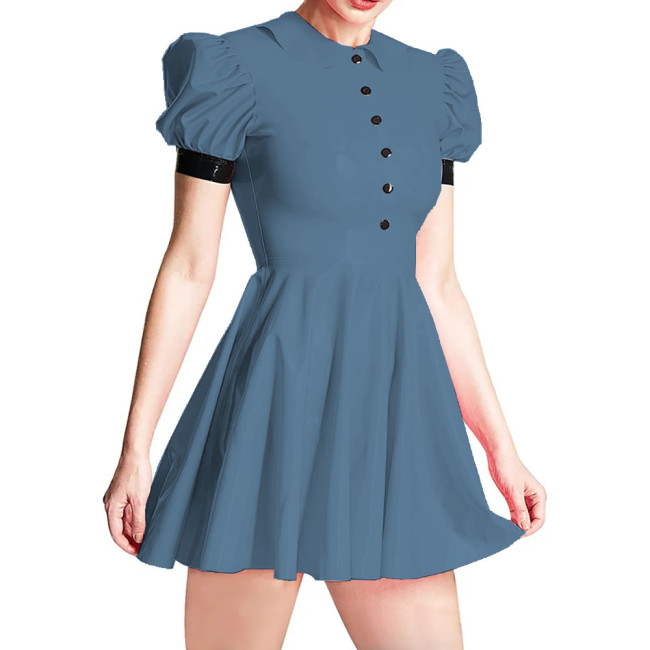 Summer Peter Pan Collar PVC Shiny Women's Dress Fashion Slim High Waist Short Sleeve A-line Dresses Ladies Casual Mini Dress 7XL