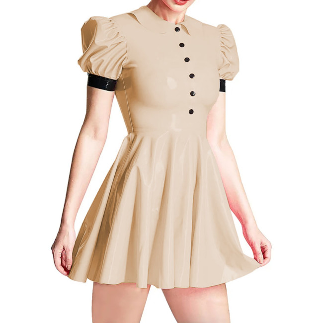 Summer Peter Pan Collar PVC Shiny Women's Dress Fashion Slim High Waist Short Sleeve A-line Dresses Ladies Casual Mini Dress 7XL