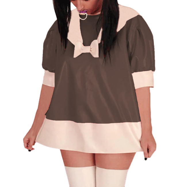 Puff Short Sleeve PVC Glossy Leather Mini Dress Sissy Sailor A-Line Short Dress Sweet Party Cosplay Dresses Crossdress Unifrom