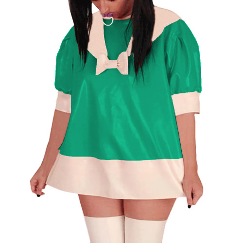 Puff Short Sleeve PVC Glossy Leather Mini Dress Sissy Sailor A-Line Short Dress Sweet Party Cosplay Dresses Crossdress Unifrom