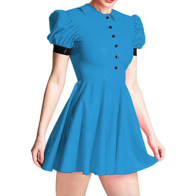 Summer Peter Pan Collar PVC Shiny Women's Dress Fashion Slim High Waist Short Sleeve A-line Dresses Ladies Casual Mini Dress 7XL